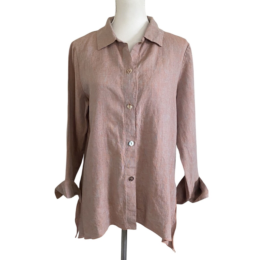 Monika Turtle Studio 100% Linen Shirt Women S  Button Down Sharkbite Hem USA